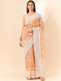 Peach Organza Geometric Embroidered Saree with Unstitched Blouse Piece - Roozal | Grocsy
