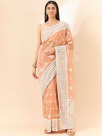 Peach Organza Geometric Embroidered Saree with Unstitched Blouse Piece - Roozal | Grocsy