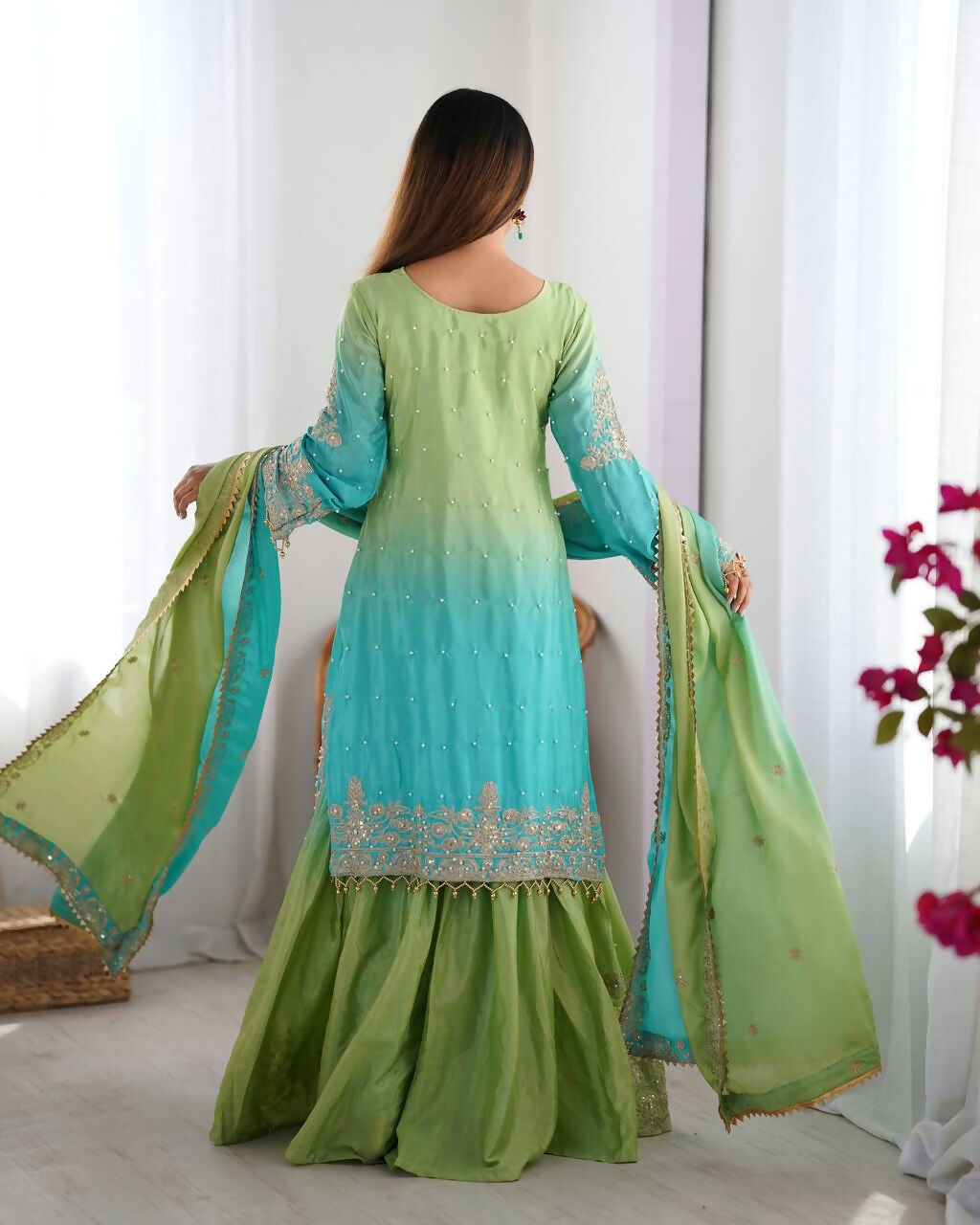 The52 Women's Beautiful Chinon silk Fabric Embroidery Work Straight Kurta Palazzo and Dupatta Set | Grocsy