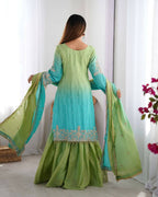 The52 Women's Beautiful Chinon silk Fabric Embroidery Work Straight Kurta Palazzo and Dupatta Set | Grocsy