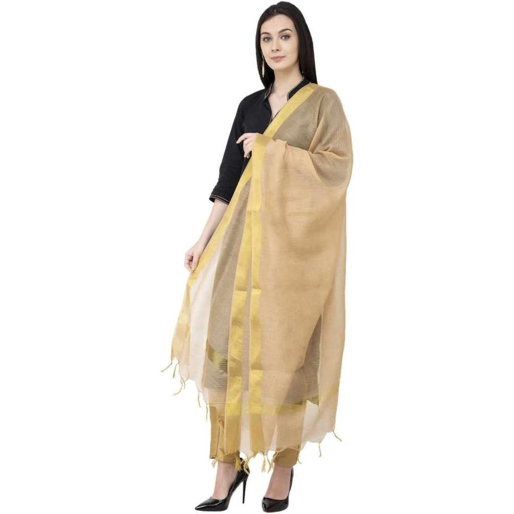 A R Silk Chanderi Chhoda Patta Regular Dupatta Golden Color Dupatta or Chunni | Grocsy