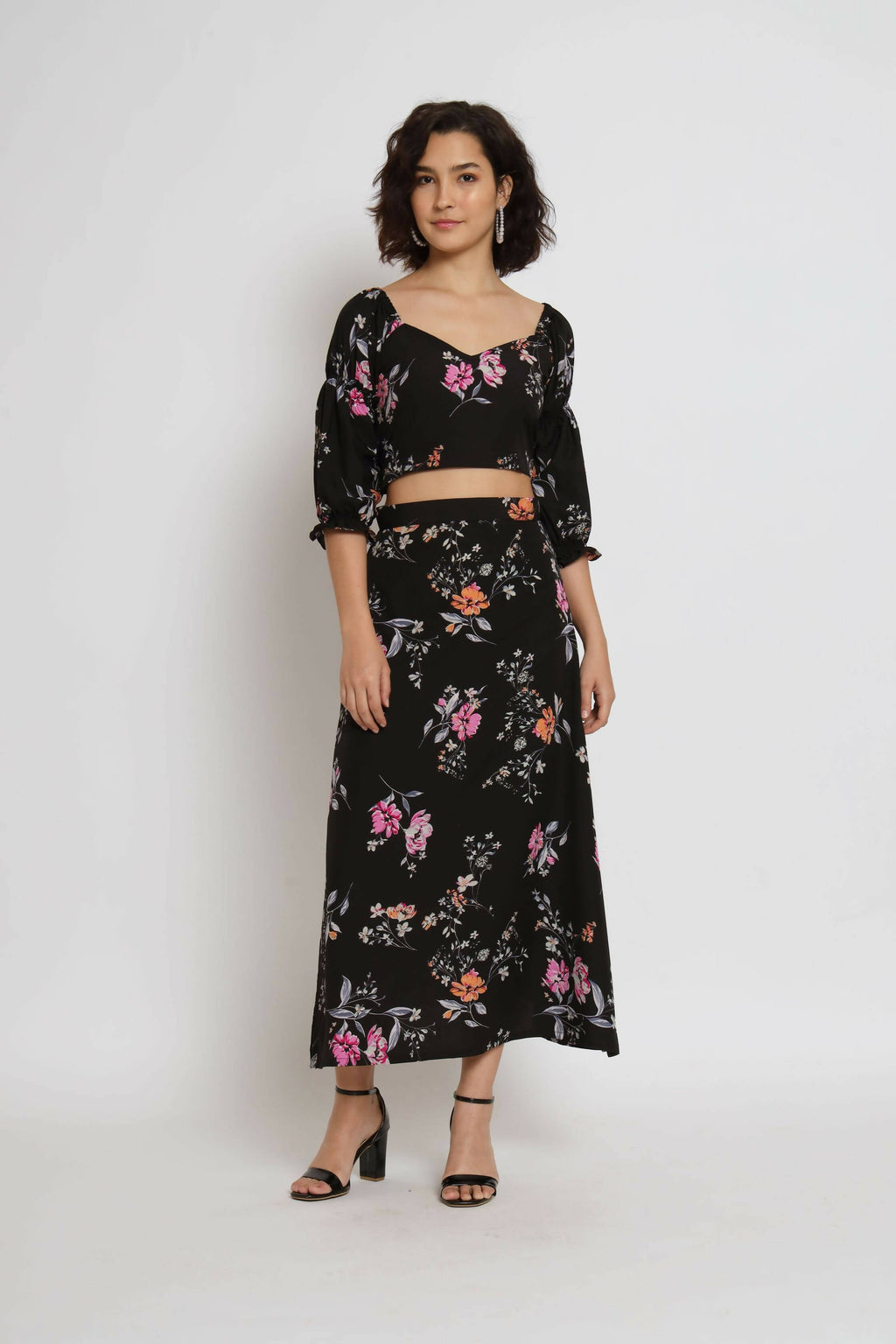 Black Crepe Floral Printed Top with Matching Skirt - Shivani | Grocsy