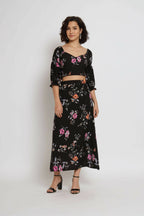 Black Crepe Floral Printed Top with Matching Skirt - Shivani | Grocsy