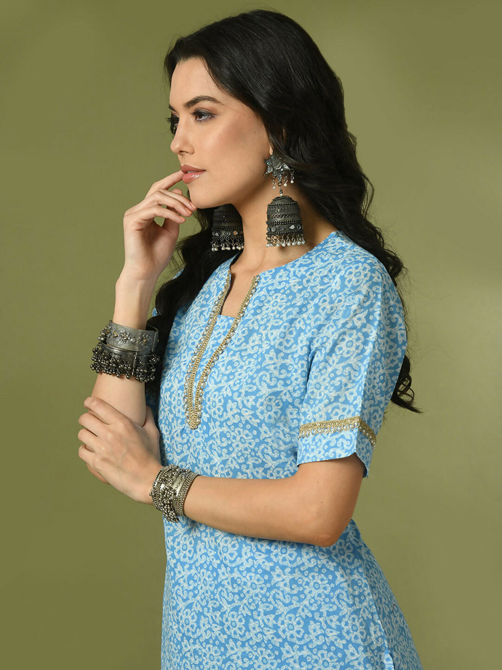Myshka Women's Blue Printed Cotton Straight Party Kurta Set | Grocsy