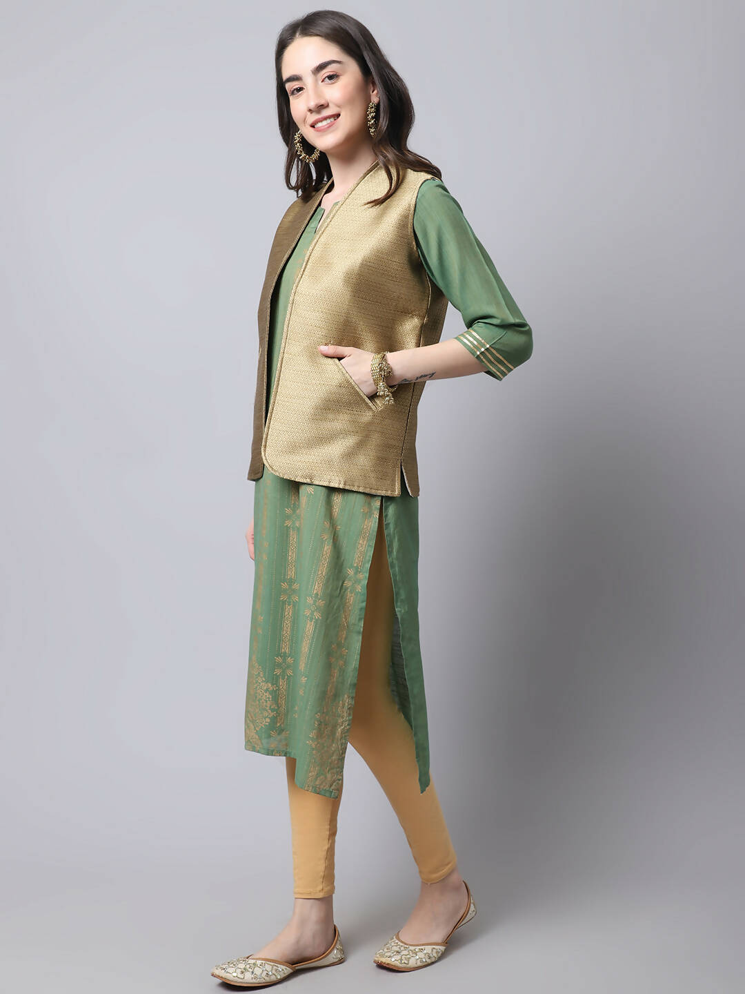 Even Apparels Beige Bansari Silk Open Front Women's Gillet | Grocsy