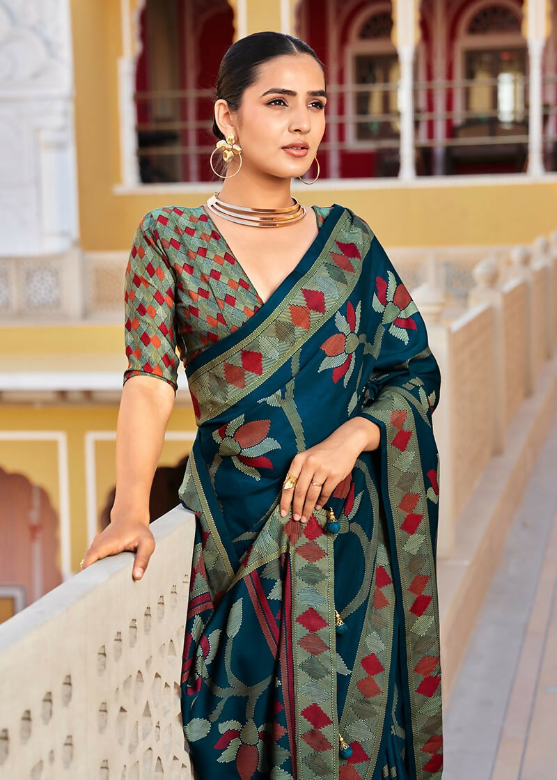 Monjolika Fashion Silk Blend Teal Printed Saree | Grocsy