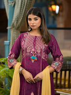 Juniper Women's Plum Floral Printed Liva Rayon Kurta Pant And Dupatta Set With Thread Work Gota Patti & Beads | Grocsy