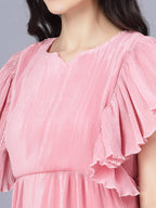 Myshka Chiffon Solid Short Sleeve Round Pink Women Dress | Grocsy