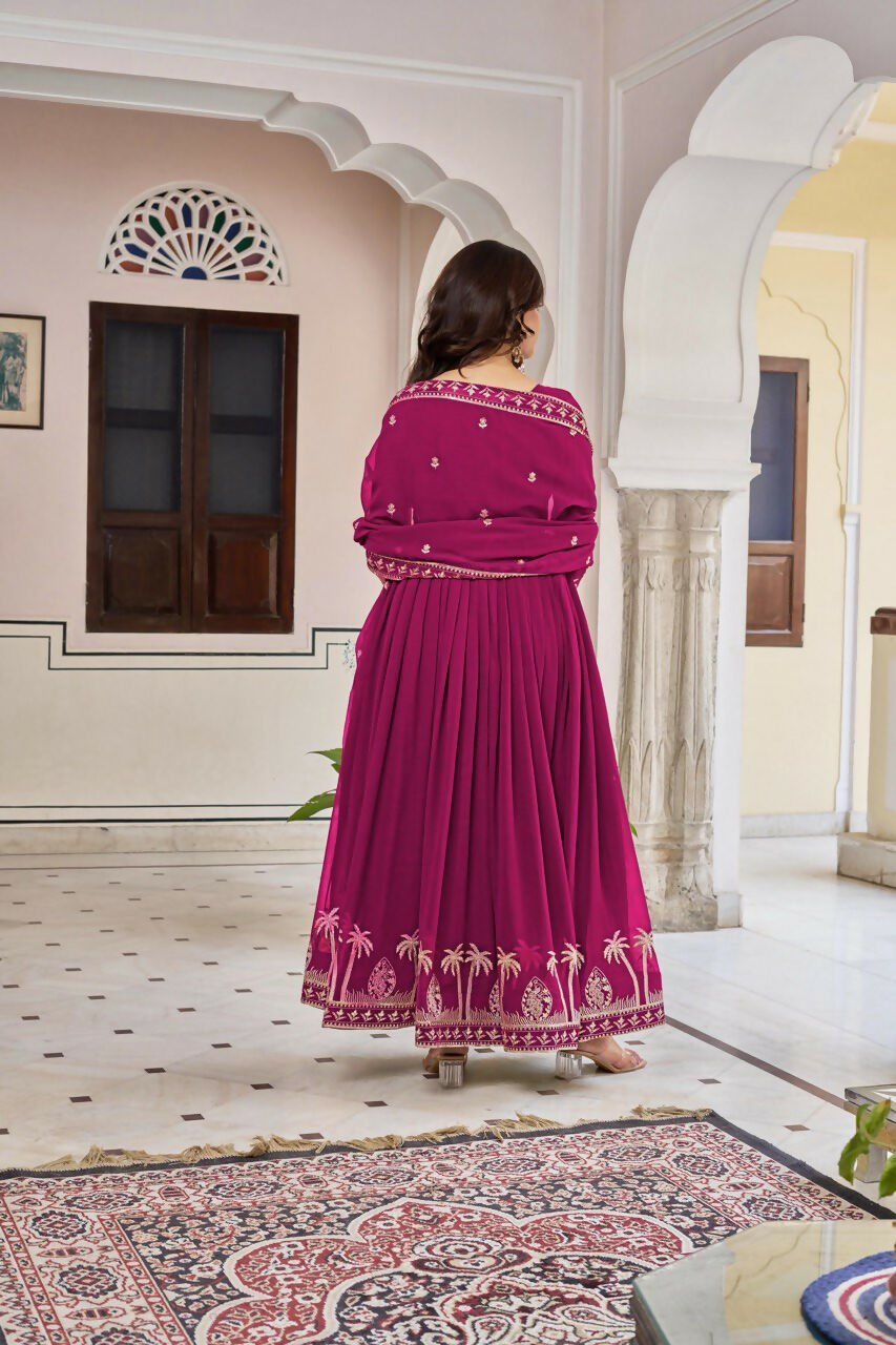 The52 Women's Gorgeous Faux Georgette Fabric Embroidery Work Flared Anarkali Pant and Dupatta Set | Grocsy