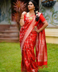 DEIANA'S Beautiful Designer Golden zari Soft Lichi Silk Saree - Red | Grocsy