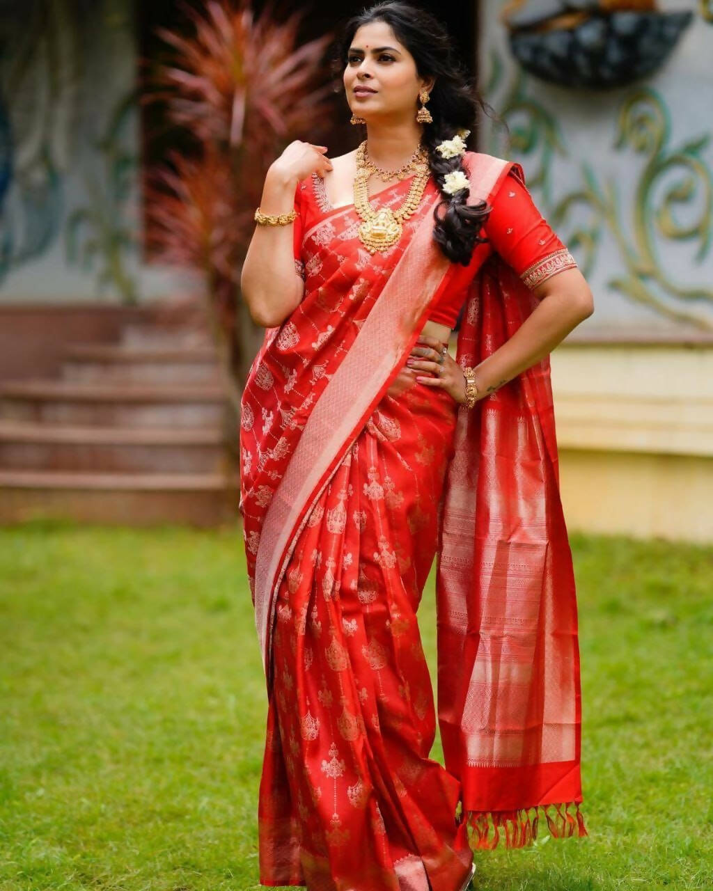 DEIANA'S Beautiful Designer Golden zari Soft Lichi Silk Saree - Red | Grocsy