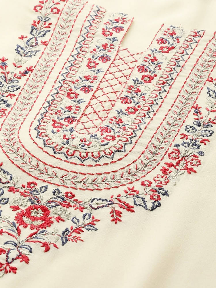 Yufta Women Cream-Coloured Ethnic Motifs Embroidered Regular Thread Work Kurta with Palazzo & With Dupatta | Grocsy