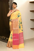 Joban Fashion Yellow Pink Saree Kataan Applick Witch Mirror | Grocsy