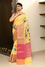 Joban Fashion Yellow Pink Saree Kataan Applick Witch Mirror | Grocsy