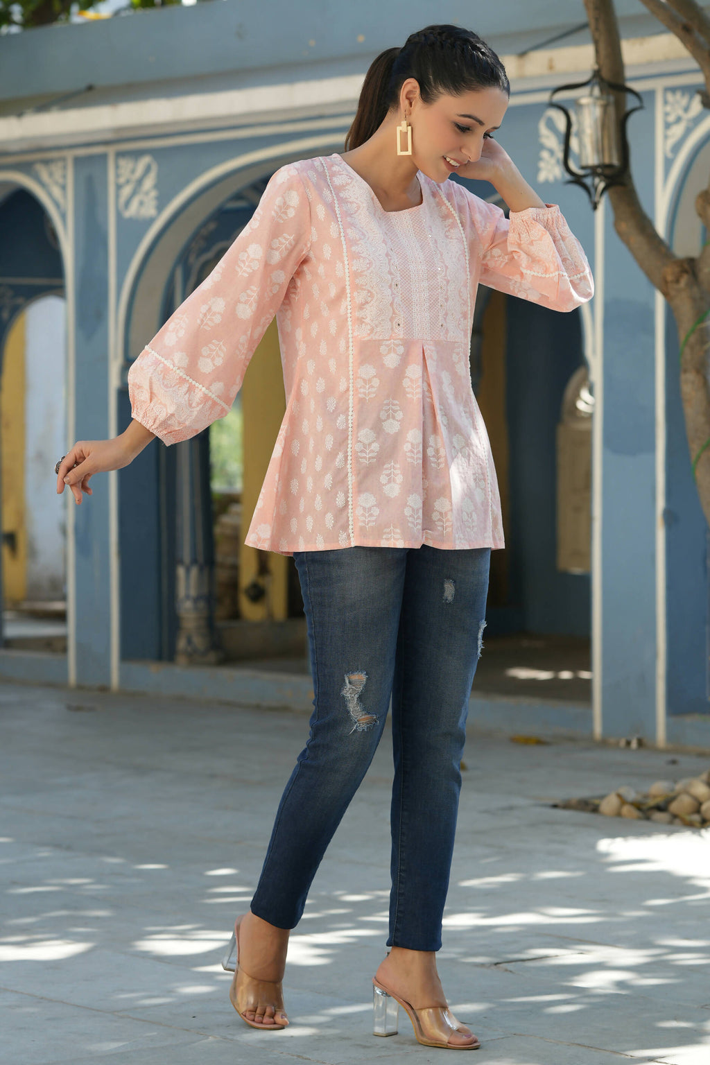 Juniper Women's Peach Cambric Placement Floral Printed Tunic | Grocsy