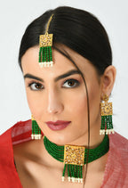 Mominos Fashion Johar Kamal Gold-Polished Kundan & Pearls Necklace Green/Golden Color Choker Set | Grocsy