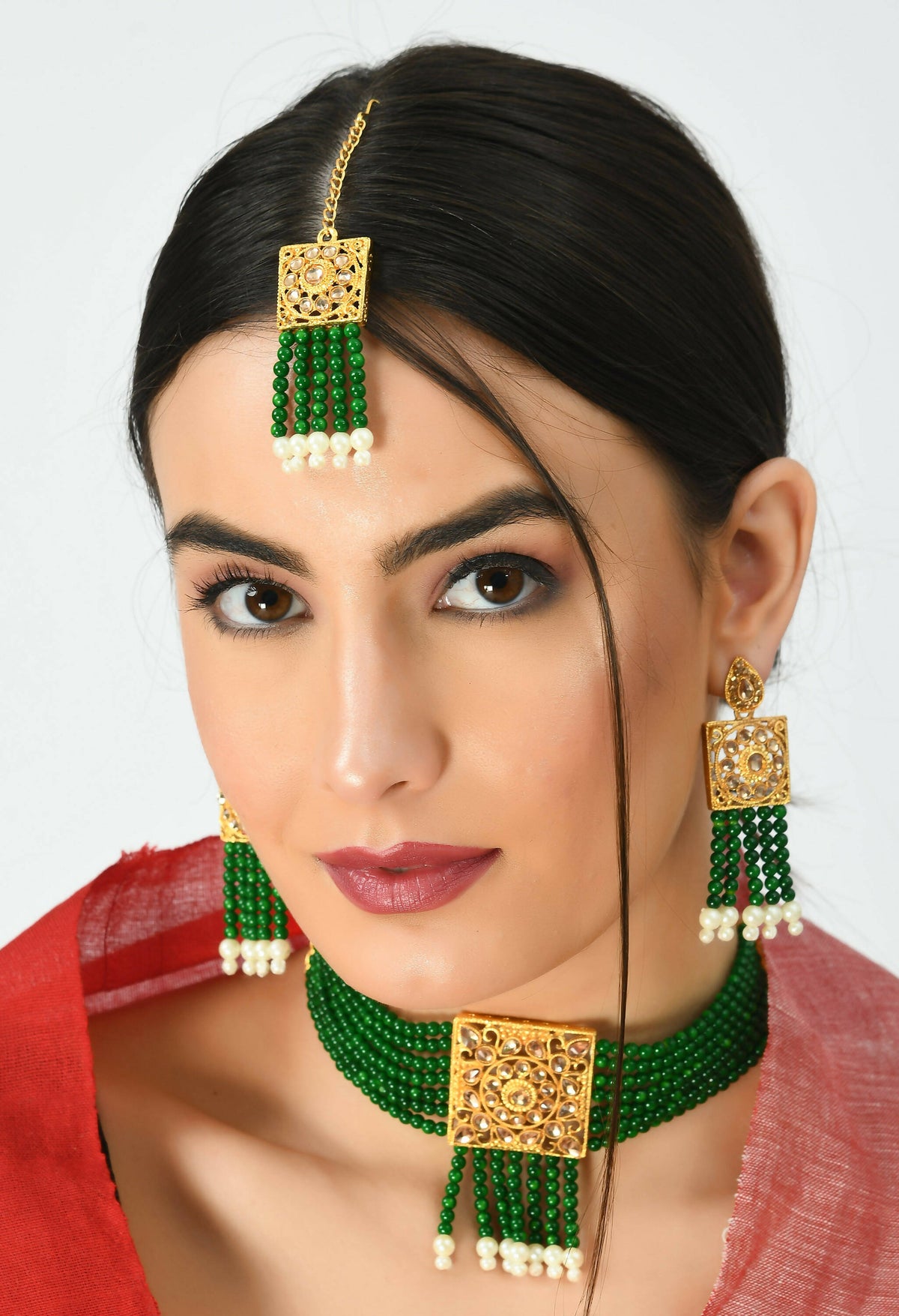 Mominos Fashion Johar Kamal Gold-Polished Kundan & Pearls Necklace Green/Golden Color Choker Set | Grocsy