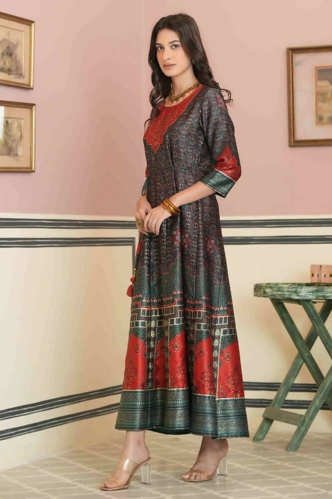 Juniper Green Satin Festive Printed Anarkali Flared Anarkali Kurta For Women | Grocsy