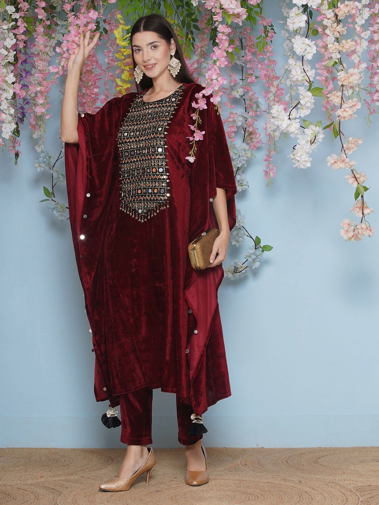 Joban Fashion Maroon Velvet Hand Embellished Kaftaan Set | Grocsy
