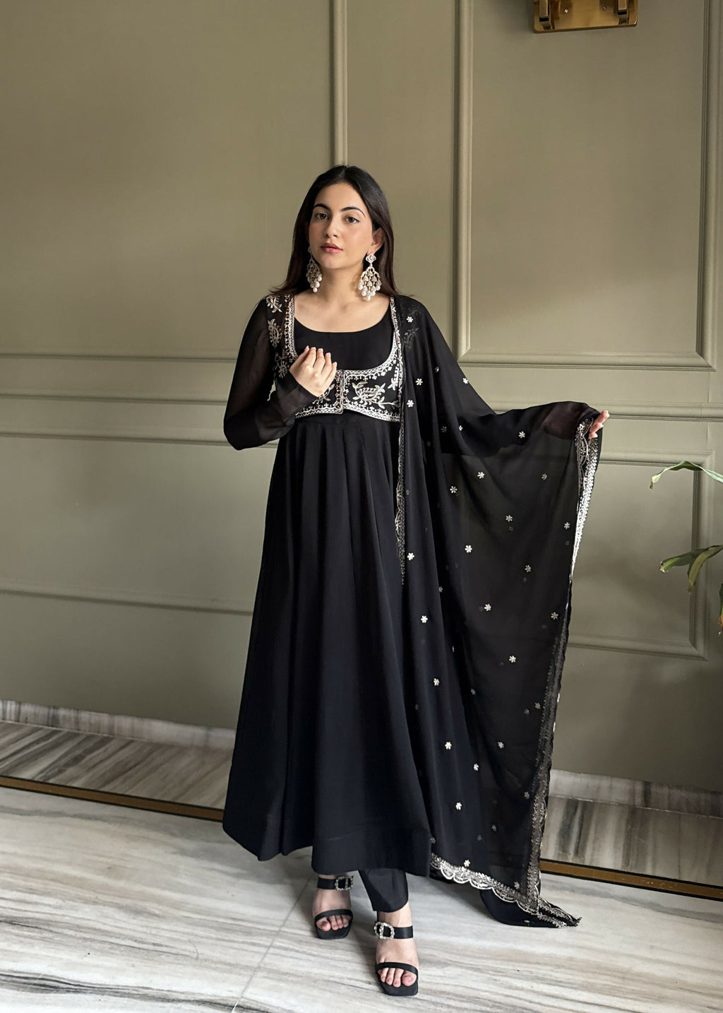 Teeya Creation Black Color Faux Georgette Heavy Embroidery Work Functional Wear Long Gown | Grocsy