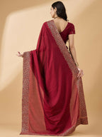 Maroon Silk Blend Embroidered Saree with Unstitched Blouse - Vairagi | Grocsy