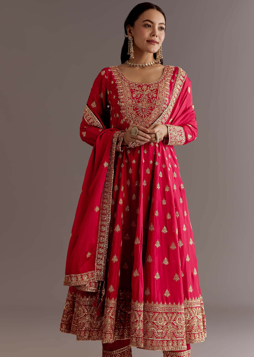 Teeya Creation Red Color Chinnon Silk Embroidery Work Gown | Grocsy