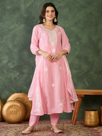 The52 Women's Beautiful Thread Work Cotton satin Fabric Flared Kurta Pant and Dupatta Set | Grocsy