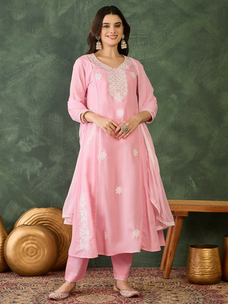 The52 Women's Beautiful Thread Work Cotton satin Fabric Flared Kurta Pant and Dupatta Set | Grocsy