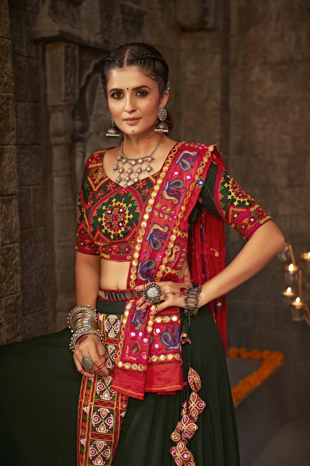 Green Viscose Rayon Thread Embroidered Navratri Lehenga Choli with Dupatta - Raas | Grocsy