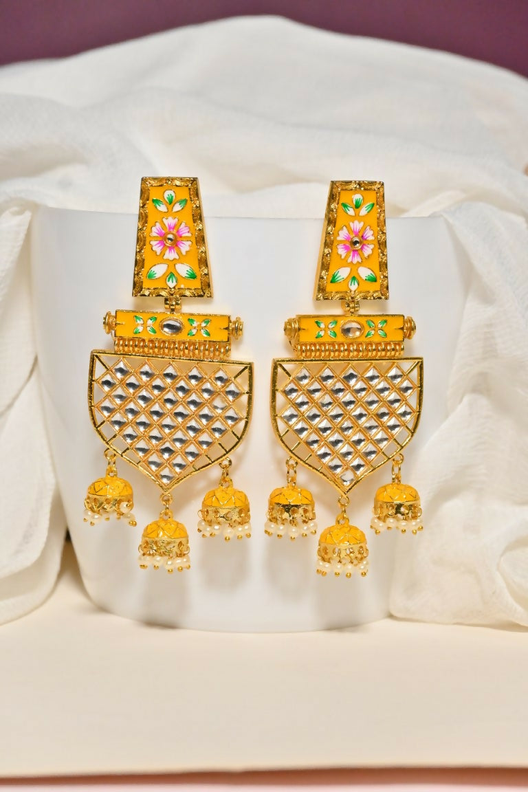 Yellow Traditional Gold-Polished Meenakari Jhumka Jhumki Earrings Indian Jewellery For Women Girls By House of Ree - Swadesiicart