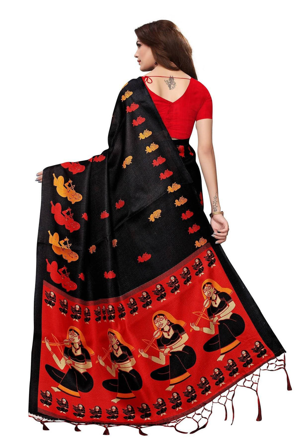 Vamika Black & Red Kalamkari With Jhalar Khadi Silk Saree | Grocsy