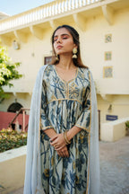 Vaasva Women SkyBlue Muslin Embroidered Kurta,Pant & Dupatta Set | Grocsy