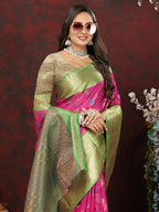 Lorenvalley Fashion Pink Cotton Woven Design Zari Meenakari Weaving Saree | Grocsy