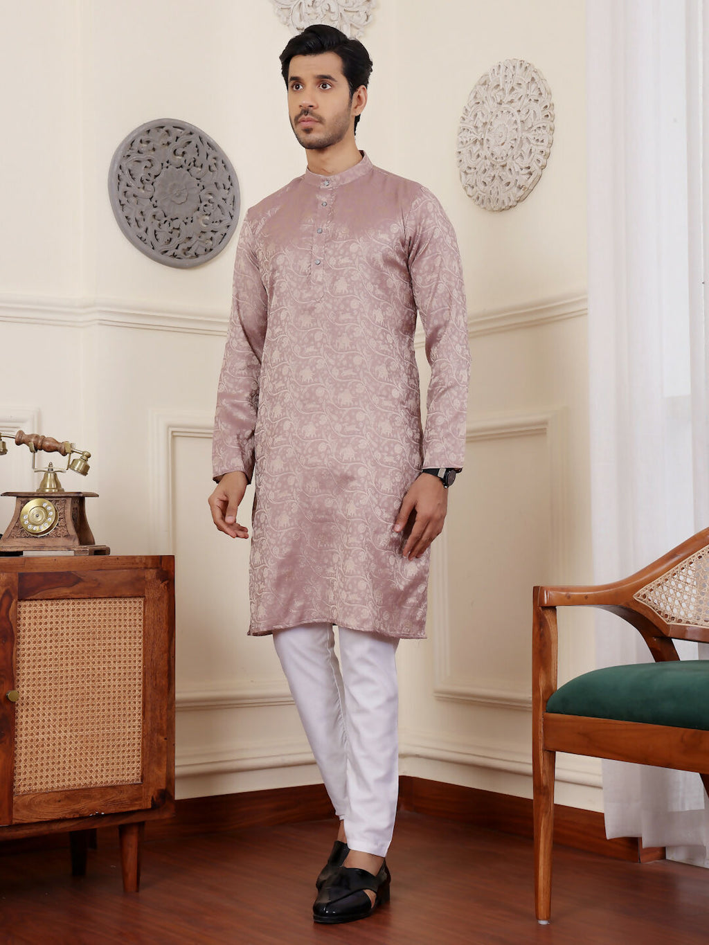 Mauve Modal Silk Wevon Designer Men's Rajwadi Kurta Set - Mahotsav | Grocsy