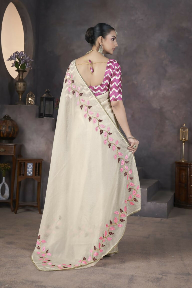 Vastranavya Off White Soft Crush Georgette Thread Embroidery work of Leaf Pattern with Patched Lace Border Saree | Grocsy