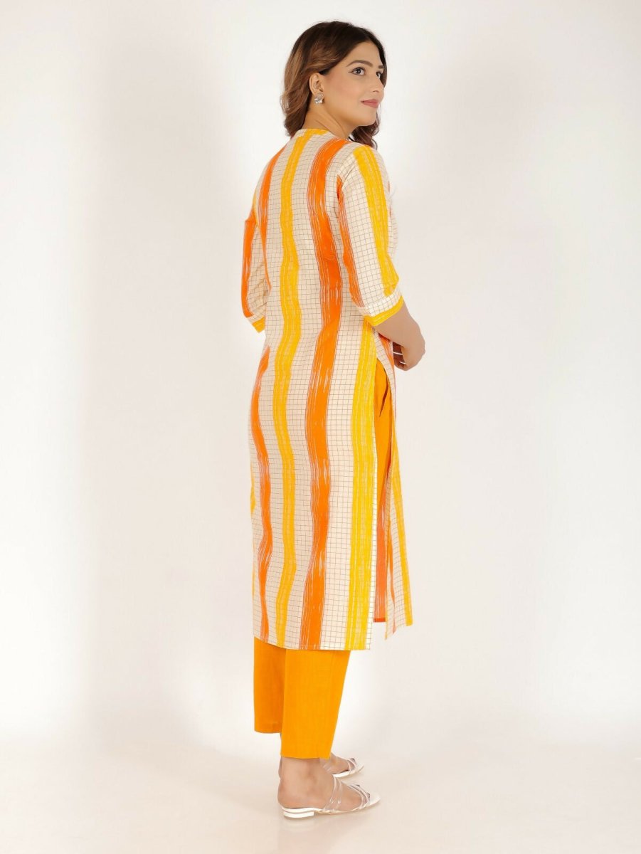 Aramya Yellow Soft Cotton Checkered Print Straight Kurta Set for Women | Grocsy