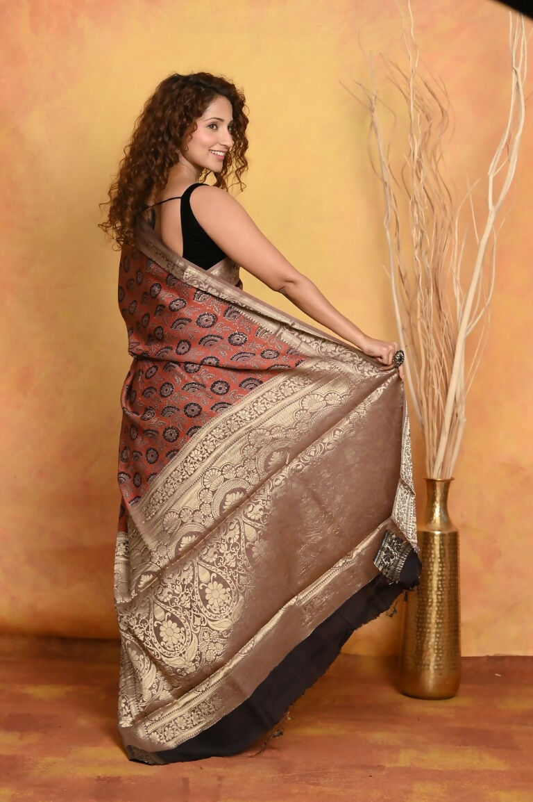 Very Much Indian Modal Silk Ajrakh Handblock Printed Natural Dyes With Designer Border Saree - Red | Grocsy