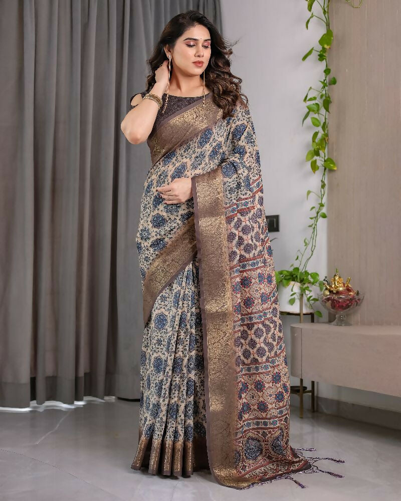 PR Fashion Grey Pure Handloom Linen Saree | Grocsy