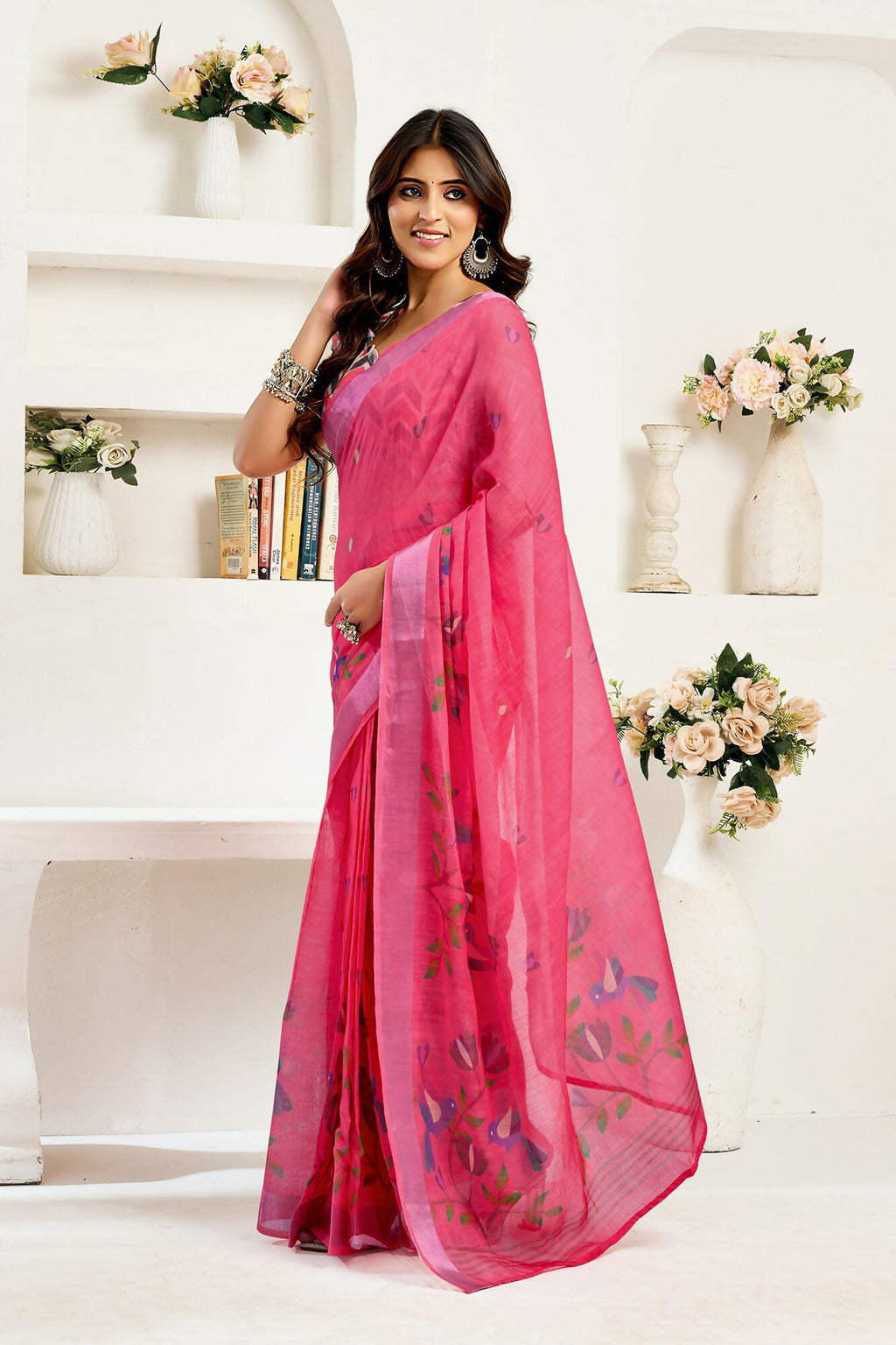 Vastranavya Pink Digital Printed Linen Ready To Wear Designer Saree with Unstitched Blouse | Grocsy