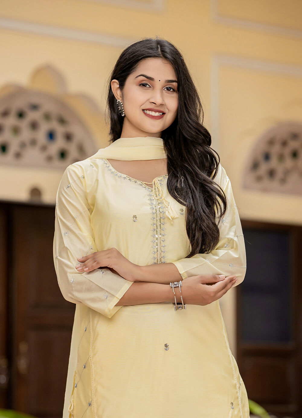 Kaajh Women's Light Yellow Modal Silk Kurta Pant Set With Dupatta | Grocsy
