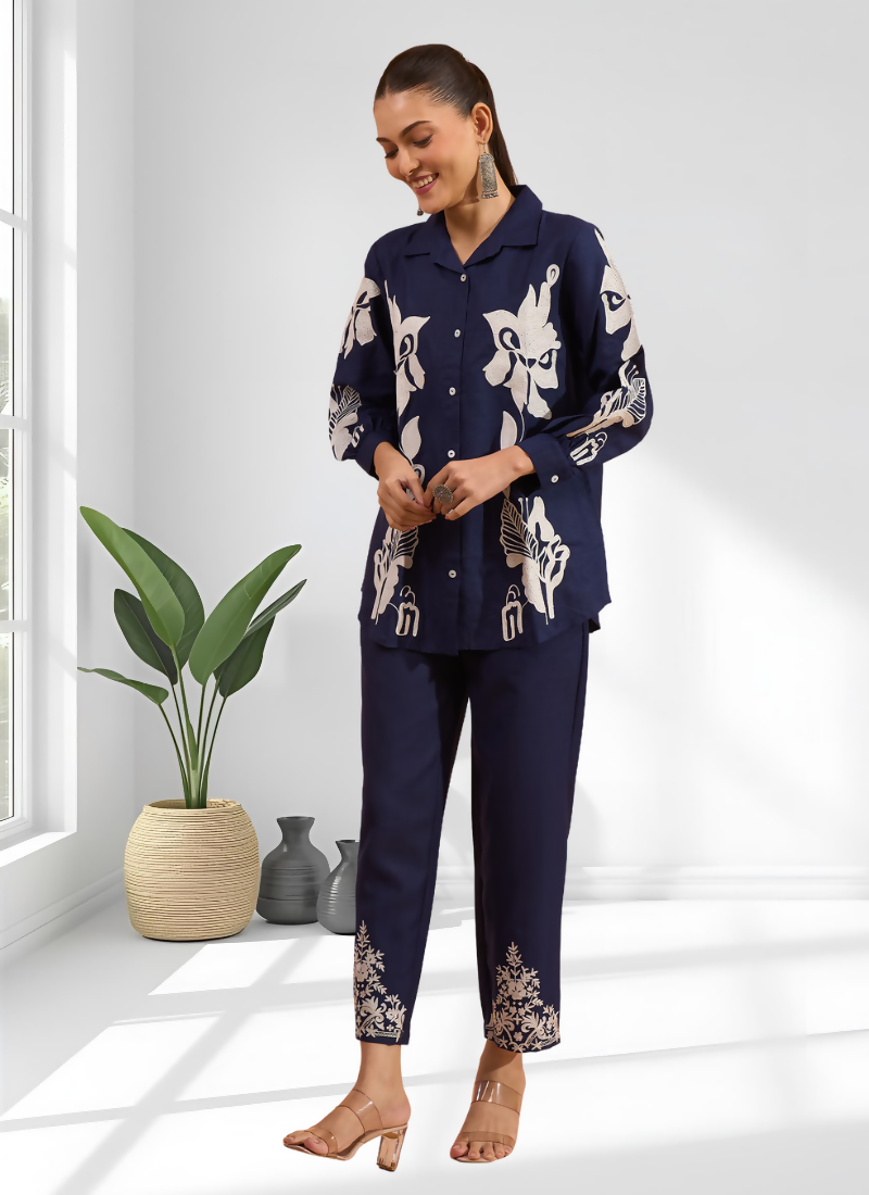 Joban Fashion Navy Blue Cotton, Linen Embroidered Readymade Cord Set | Grocsy