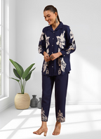 Joban Fashion Navy Blue Cotton, Linen Embroidered Readymade Cord Set | Grocsy