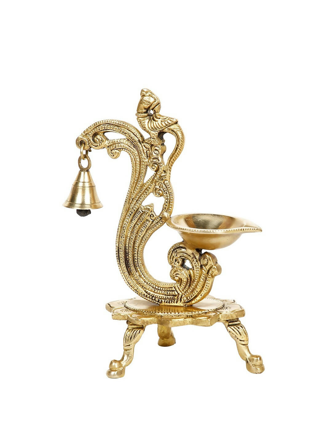 CraftVatika Gold-Toned Brass Handmade Decorative Peacock Design Diya with Bell & Stand | Grocsy