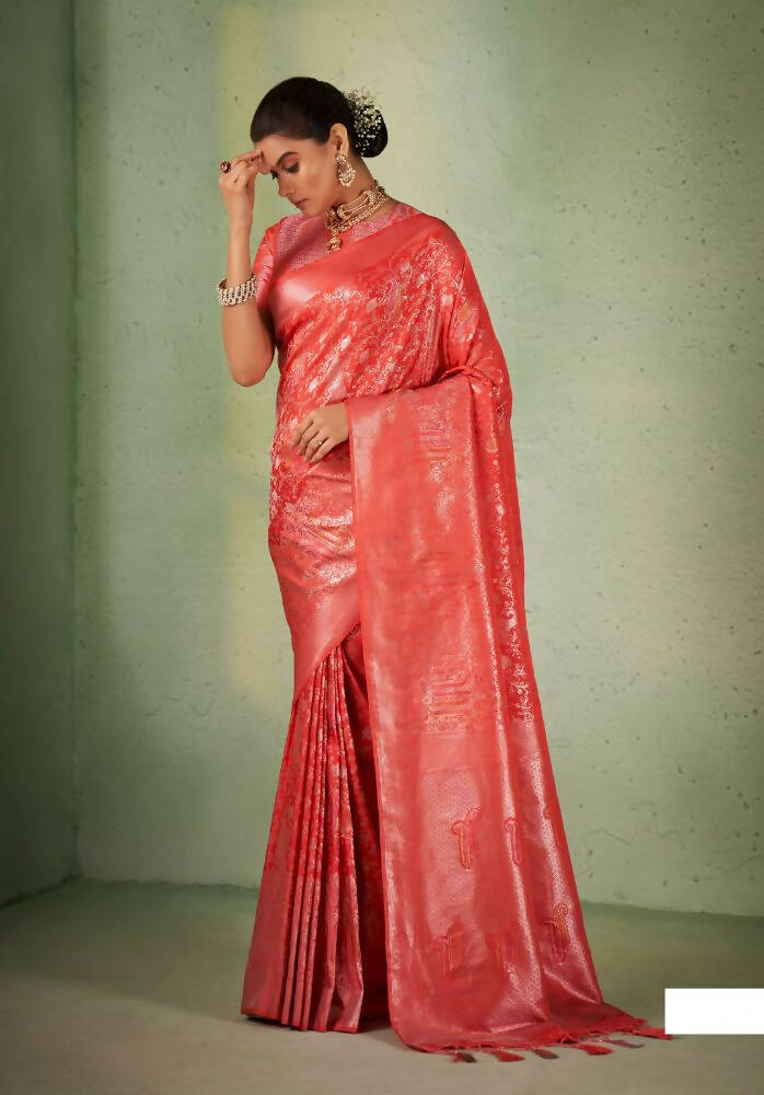 Elegant Designer Tomato Red Color Kanjivaram Silk Saree With Weaving Work - Yomika Fashions | Grocsy