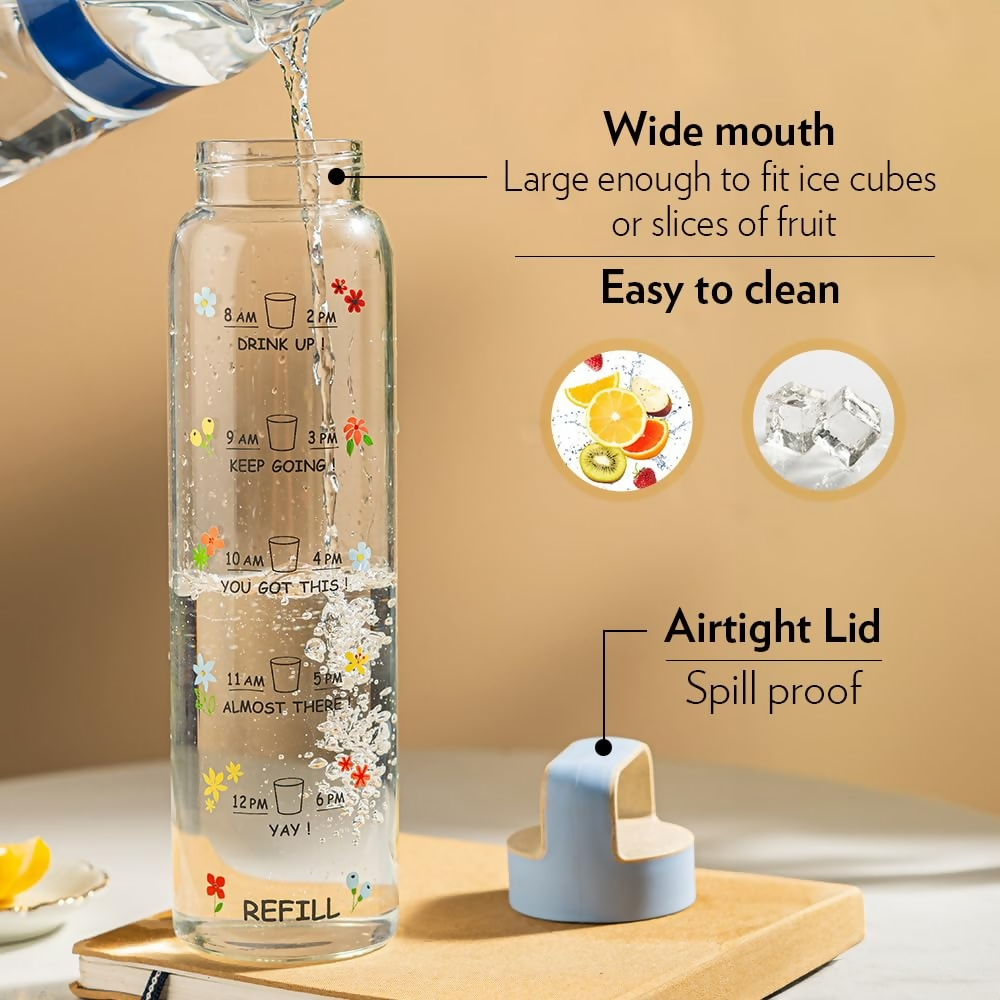 Borosil Neo Motivational Time Marker Bottle with Husk Lid | Grocsy