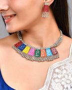 VOJ Silver Plated Oxidized Multi Color Hasli with Earring Set | Grocsy