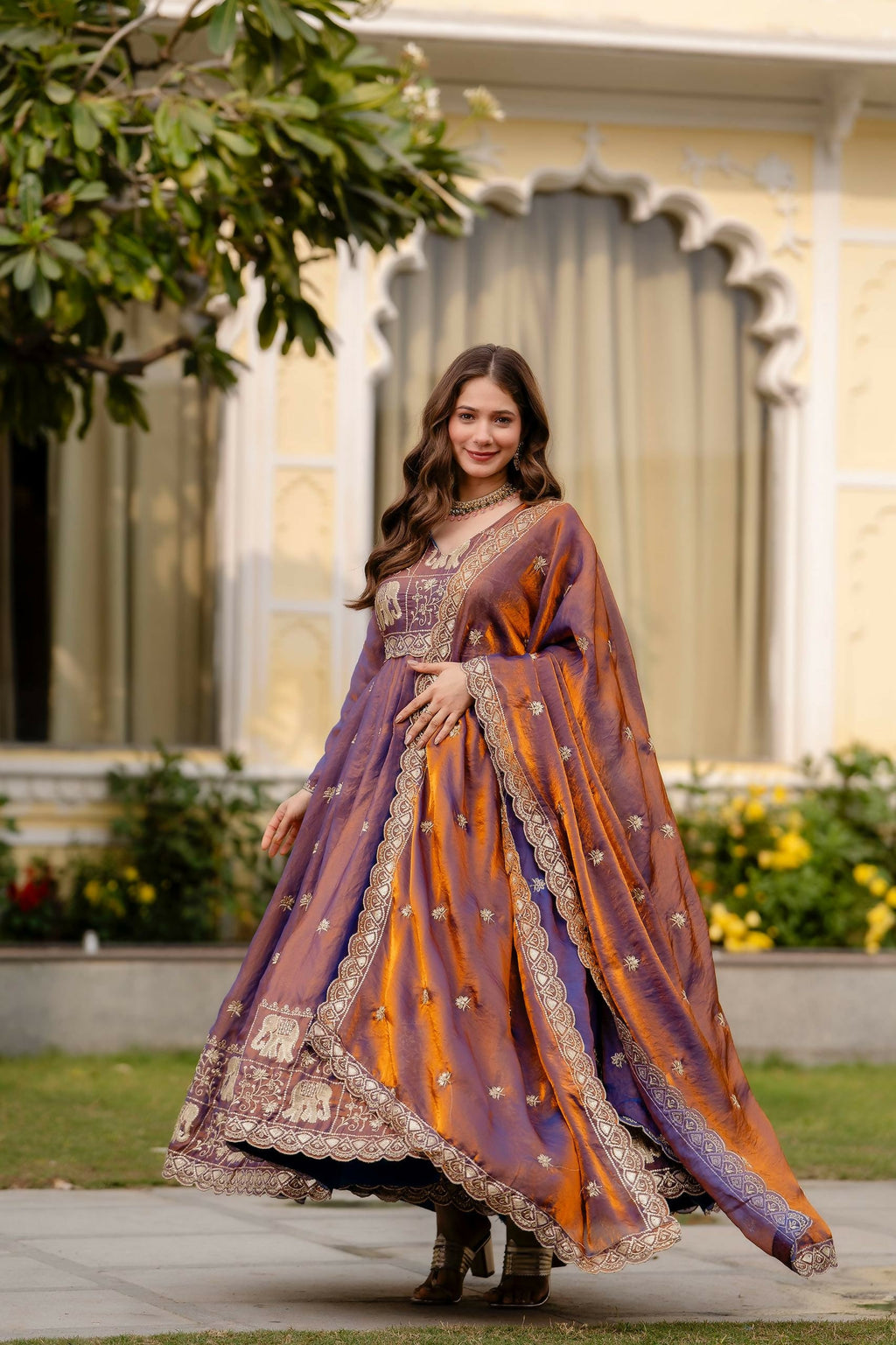 Teeya Creation Wine Primium Fendy Satin Silk Embroidery Work Wedding Wear Gown | Grocsy