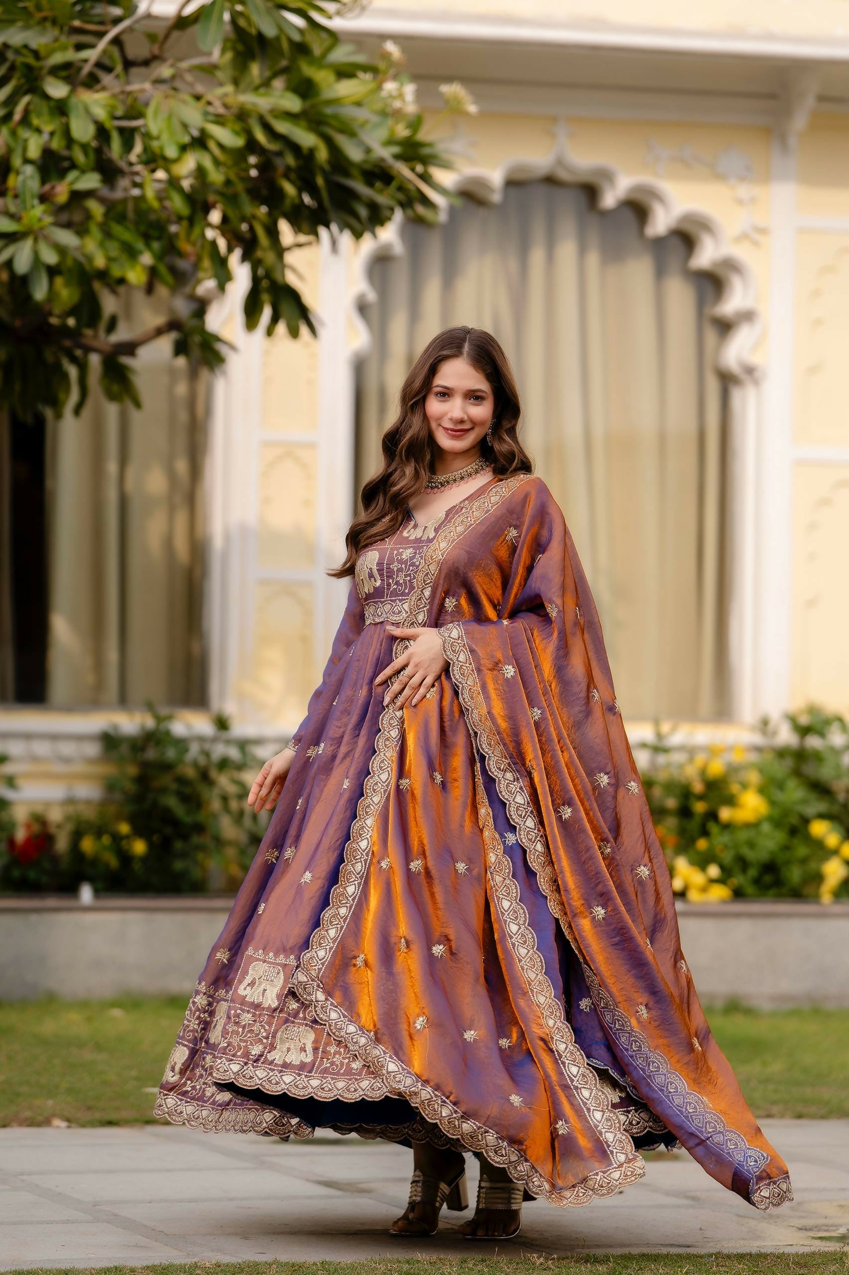 Teeya Creation Wine Primium Fendy Satin Silk Embroidery Work Wedding Wear Gown | Grocsy