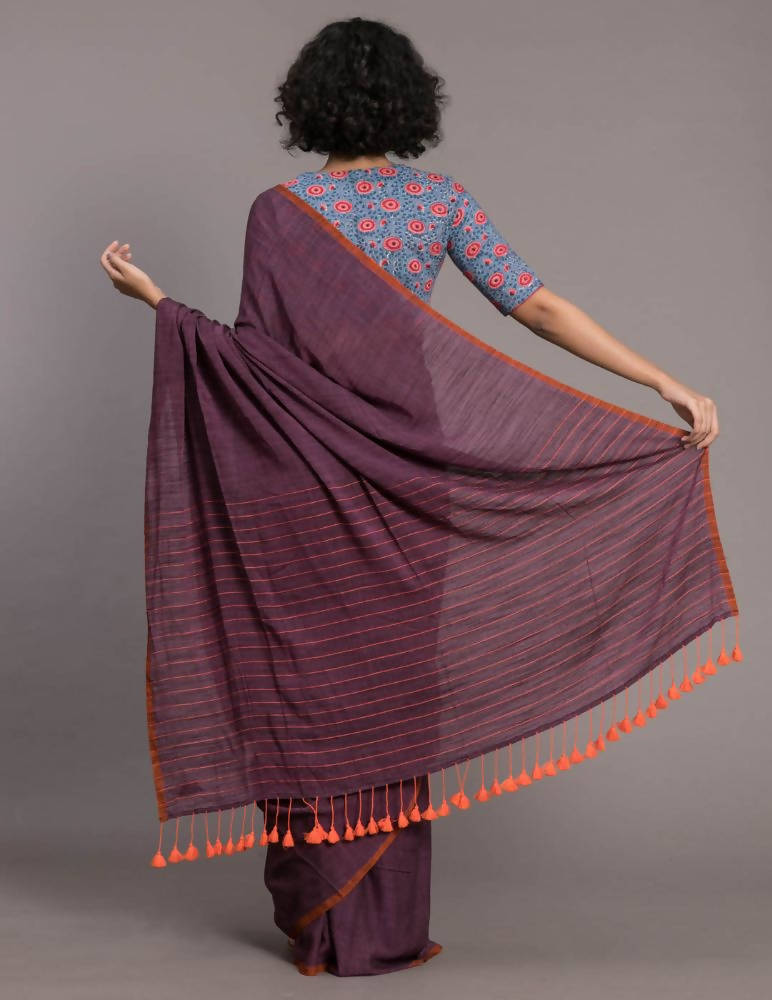 Suta Purple Orange Solid Cotton Blend Saree | Grocsy