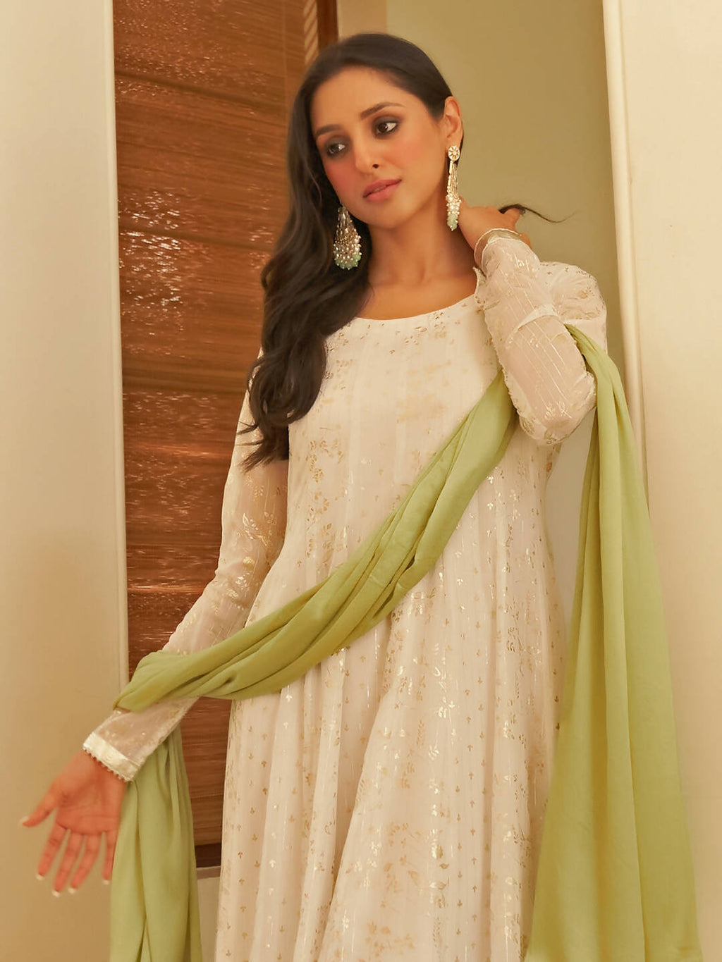 Janasya Women's White Chiffon Lurex Foil Printed Festive Anarkali Kurta Set | Grocsy